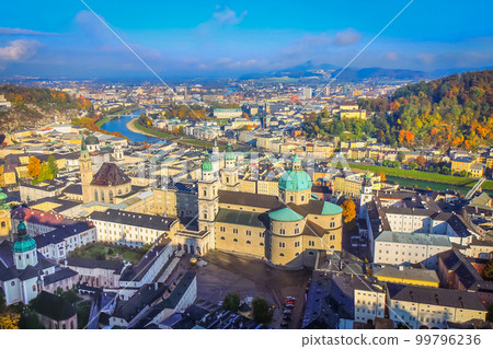 Salzburg medieval old town towers and domes at autumn, Salzburger land, Austria 99796236