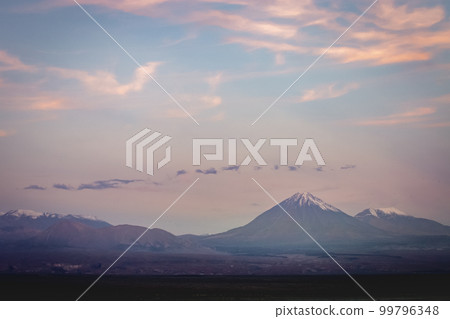 Licancabur and dramatic volcanic landscape at Sunset, Atacama Desert, Chile 99796348