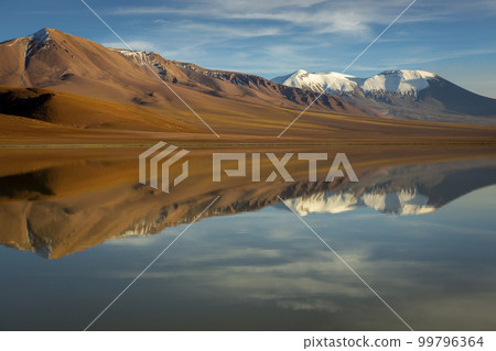 Salt lake Lejia reflection, idyllic volcanic landscape at Sunset, Atacama, Chile 99796364