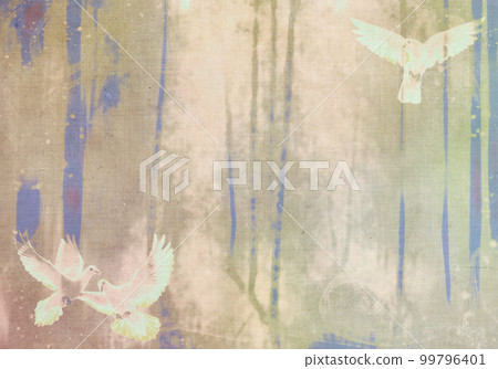 Old cloth texture/illustration of a bright forest with white doves (grayish blue) Old cloth texture/illustration of a bright forest with white doves (grayish blue) 99796401