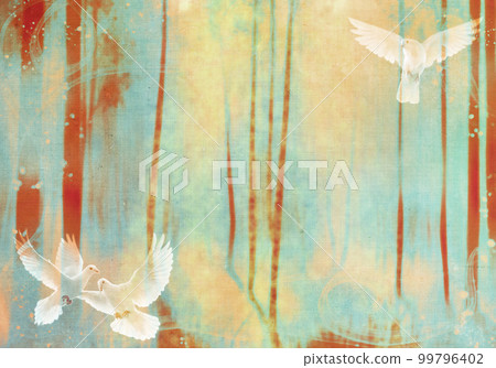 Texture of old cloth, illustration of a bright forest with white doves (powder beige & blue) Texture of old cloth, illustration of a bright forest with white doves (powder beige & blue) 99796402