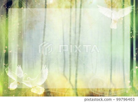 Texture of old cloth, illustration of a bright forest with white doves (classical green) 99796403
