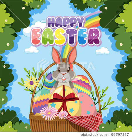 Happy Easter Day Poster Design with Bunny and Colourful eggs Happy Easter Day Poster Design with Bunny and Colourful eggs 99797337