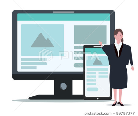 Designer woman building a website. Website production engineer vector illustration 99797377