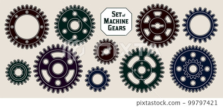 Set of sihouette of machine gears. Good for decoration in steampunk style. 99797421
