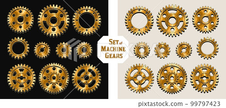 Set of machine gold polished gears in vintage style. 99797423
