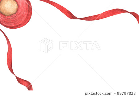 Satin ribbon red color and long ribbon. Hand painted watercolor illustration. 99797828
