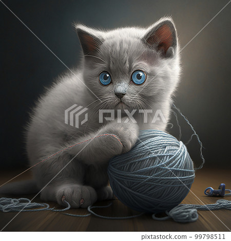 Adorable gray kitten with blue eyes plays with a ball of blue thread, cute illustration Adorable gray kitten with blue eyes plays with a ball of blue thread, cute illustration 99798511