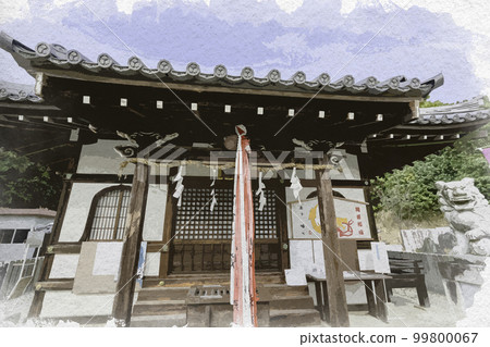 水彩風格的坪井八幡宮、坪井權現社、大阪府羽曳野市 99800067