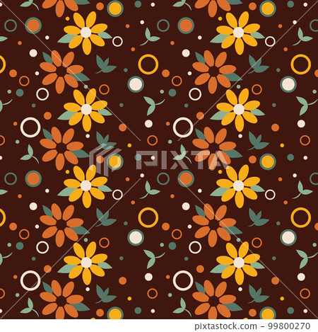 Colorful floral seamless pattern. Groovy flowers vector illustration, hippie aesthetic. Funny multicolored print for fabric, paper. Bold, funky floral illustration print in yellow, orange, beige and Colorful floral seamless pattern. Groovy flowers vector illustration, hippie aesthetic. Funny multicolored print for fabric, paper. Bold, funky floral illustration print in yellow, orange, beige and 99800270