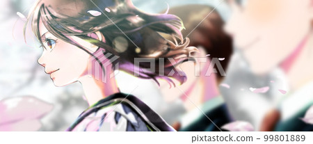 Color illustrations of students in profile Background cherry blossoms Color illustrations of students in profile Background cherry blossoms 99801889