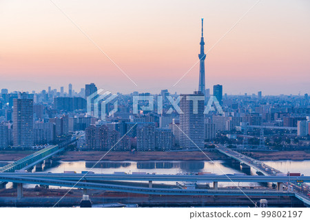（東京）東京城市景觀墨田區，江東區，江戶川區，夜景 99802197