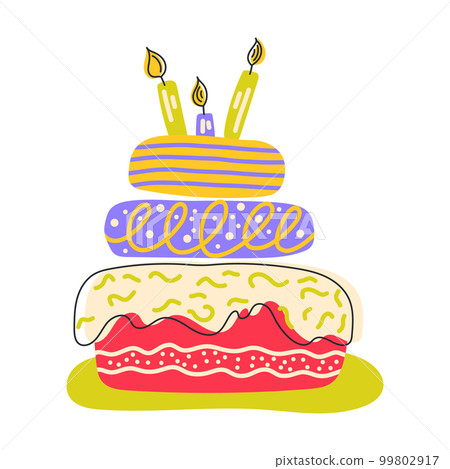 Hand drawn birthday cake with candles. Anniversary celebration. Vector illustration of happy birthday on a white background Hand drawn birthday cake with candles. Anniversary celebration. Vector illustration of happy birthday on a white background 99802917