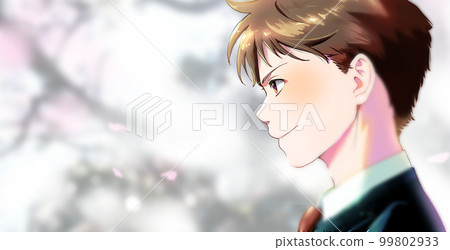 Profile male student or adult illustration color, background cherry blossoms, left space 99802933