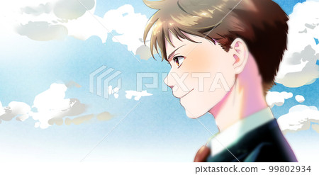 Color illustration of a male student or member of society in profile, background blue sky, left space 99802934
