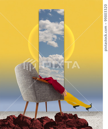 Surreal contemporary artwork of young woman in armchair. Concept of mysticism, mystery, underworld, dreams or imagination. Surrealism 99803320