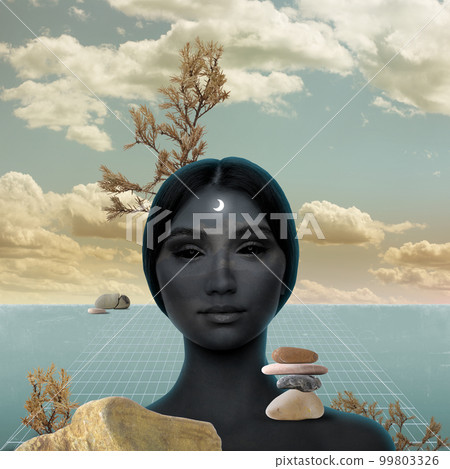 Surreal contemporary artwork of young woman. Concept of mysticism, mystery, underworld, dreams or imagination. Surrealism 99803326