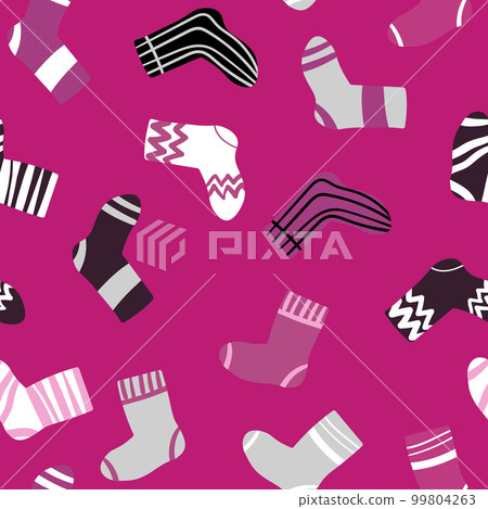 Seamless pattern with modern colorful socks. Trendy accessories in doodle style. Various cotton foot cloth. Cartoon socks for web and print, for invitation, card, fabric, textile. Vector illustration Seamless pattern with modern colorful socks. Trendy accessories in doodle style. Various cotton foot cloth. Cartoon socks for web and print, for invitation, card, fabric, textile. Vector illustration 99804263