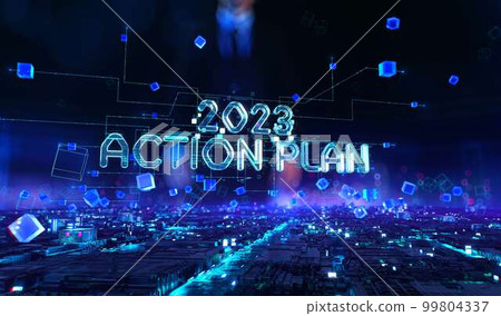 2023 Action Plan - businessman working and touching with augmented virtual reality at night office. 99804337