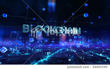 Blockchain - businessman working and touching with augmented virtual reality at night office. Blockchain - businessman working and touching with augmented virtual reality at night office. 99804340