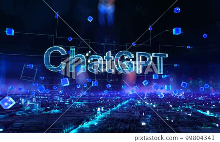 ChatGPT - businessman working and touching with augmented virtual reality at night office. ChatGPT - businessman working and touching with augmented virtual reality at night office. 99804341