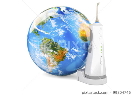 Dental oral irrigator with Earth Globe, 3D rendering 99804746