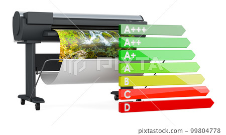 Wide format printer with energy efficiency chart, 3D rendering 99804778