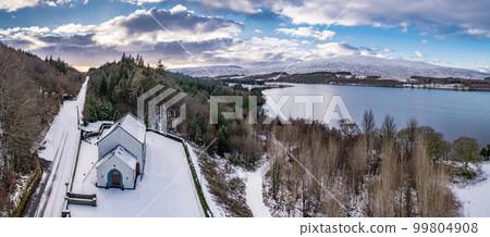 Aerial view of St. Colmcilles church, Glendowan, Lough Gartan, County Donegal - Ireland 99804908