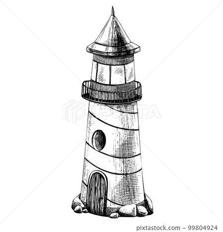 Sea lighthouse with stones. Isolated object drawn by hand in graphic technique. Vector illustration for summer, nautical and beach decoration and design. 99804924
