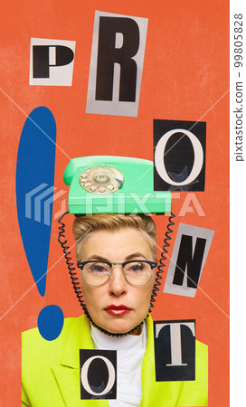 Contemporary art collage. Woman with phone on her head. Concept of education, studying foreign languages, social media, influencer, popularity, ad 99805828