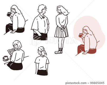 黑白、單調、線描插圖（手寫、時尚、雜誌、時尚、可愛、人、女孩） 99805845