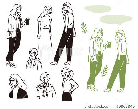 黑白、單調、線描插圖（手寫、時尚、雜誌、時尚、可愛、人、女孩） 99805849