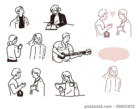 Black and white, monotone, line drawing illustrations (handwriting, fashionable, magazines, fashion, cute, people, girls, music) 99805850