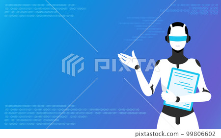 A robot that uses artificial intelligence to chat and provide guidance. Copy space on blue gradient background. A robot that uses artificial intelligence to chat and provide guidance. Copy space on blue gradient background. 99806602