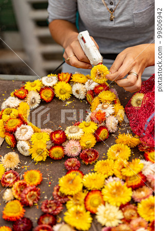 Making wreath autumn colorful strawflower 99806942