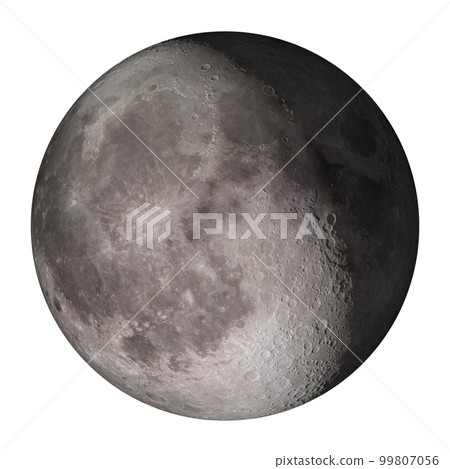 Moon with volumetric craters and shadow isolated on white background. Elements of this image furnished by NASA. 99807056