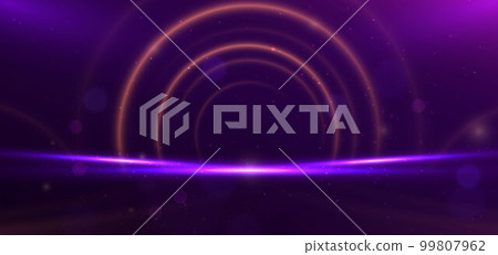 Abstract circle glowing gold lines on dark purple background with lighting effect and sparkle with copy space for text. 99807962