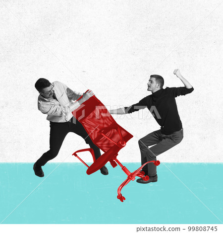 Conceptual design. Contemporary art collage. Professional competition and challenges. Two businessmen, employees fighting for the position 99808745