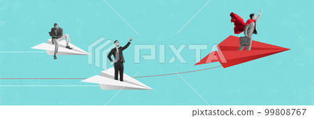 Conceptual design. Contemporary art collage. Employees, men sitting on paper planes and working. Flying to success and professional growth 99808767