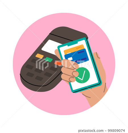 Smartphone payment with POS terminal. Mobile payment concept. E-wallet and mobile payment. POS terminal for contactless pay with smartphone. 99809074
