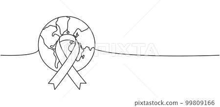 Earth silhouette with aid ribbon one line continuous drawing. World map silhouette continuous one line illustration. Vector minimalist illustration. Earth silhouette with aid ribbon one line continuous drawing. World map silhouette continuous one line illustration. Vector minimalist illustration. 99809166