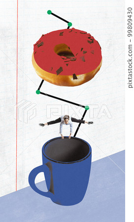 Young woman falling down into coffee cup. Contemporary art collage. Concept of business, professional growth, achievements and career 99809430
