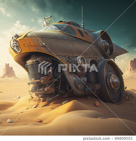 Steampunk-style Car, Abandoned and Rusting in a Vast Sand Desert, Surrounded by Dunes and a Bleak Landscape Steampunk-style Car, Abandoned and Rusting in a Vast Sand Desert, Surrounded by Dunes and a Bleak Landscape 99809501