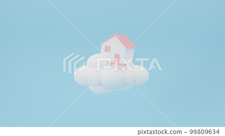 Dream house on the clouds isolated on blue background. The concept of buying a dream home. Purchase of real estate, real estate loan. 3d rendering. Dream house on the clouds isolated on blue background. The concept of buying a dream home. Purchase of real estate, real estate loan. 3d rendering. 99809634