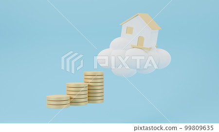 Dream house on the clouds with coin ladder isolated on blue background. The concept of buying a dream home. Purchase of real estate, real estate loan. 3d rendering. Dream house on the clouds with coin ladder isolated on blue background. The concept of buying a dream home. Purchase of real estate, real estate loan. 3d rendering. 99809635