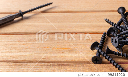 A screwdriver and self-cutters on a brown wooden background. Building tools to repair the house. A screwdriver and self-cutters on a brown wooden background. Building tools to repair the house. 99811020