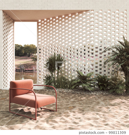 Modern minimal chair on sand beach with sea and sky background. Memphis style. Summer vacation concept. 3d rendering . High quality 3d illustration 99811309