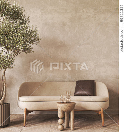 Modern scandinavian style conceptual design interior room. Mock up frame beige plaster wall. Minimal sofa with wooden table and decor. 3d rendering. High quality 3d illustration 99811335