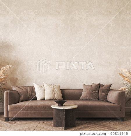 Modern scandinavian style conceptual design interior room. Mock up frame beige plaster wall. Minimal sofa with wooden table and decor. 3d rendering. High quality 3d illustration 99811346