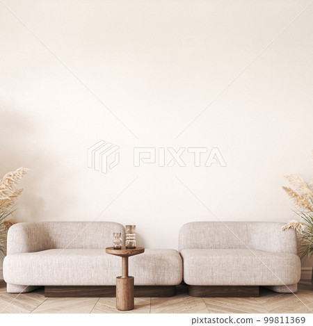 Modern scandinavian style conceptual design interior room. Mock up frame beige plaster wall. Minimal sofa with wooden table and decor. 3d rendering. High quality 3d illustration Modern scandinavian style conceptual design interior room. Mock up frame beige plaster wall. Minimal sofa with wooden table and decor. 3d rendering. High quality 3d illustration 99811369